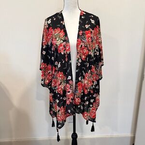 Maurices Multi Colored Floral Black Kimono with Tassels OS
